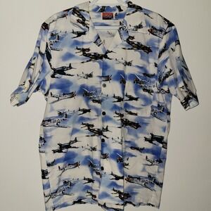 Vintage Dem Crazy Short Sleeve Button Up Shirt Men's Size XL Airplanes Pocket